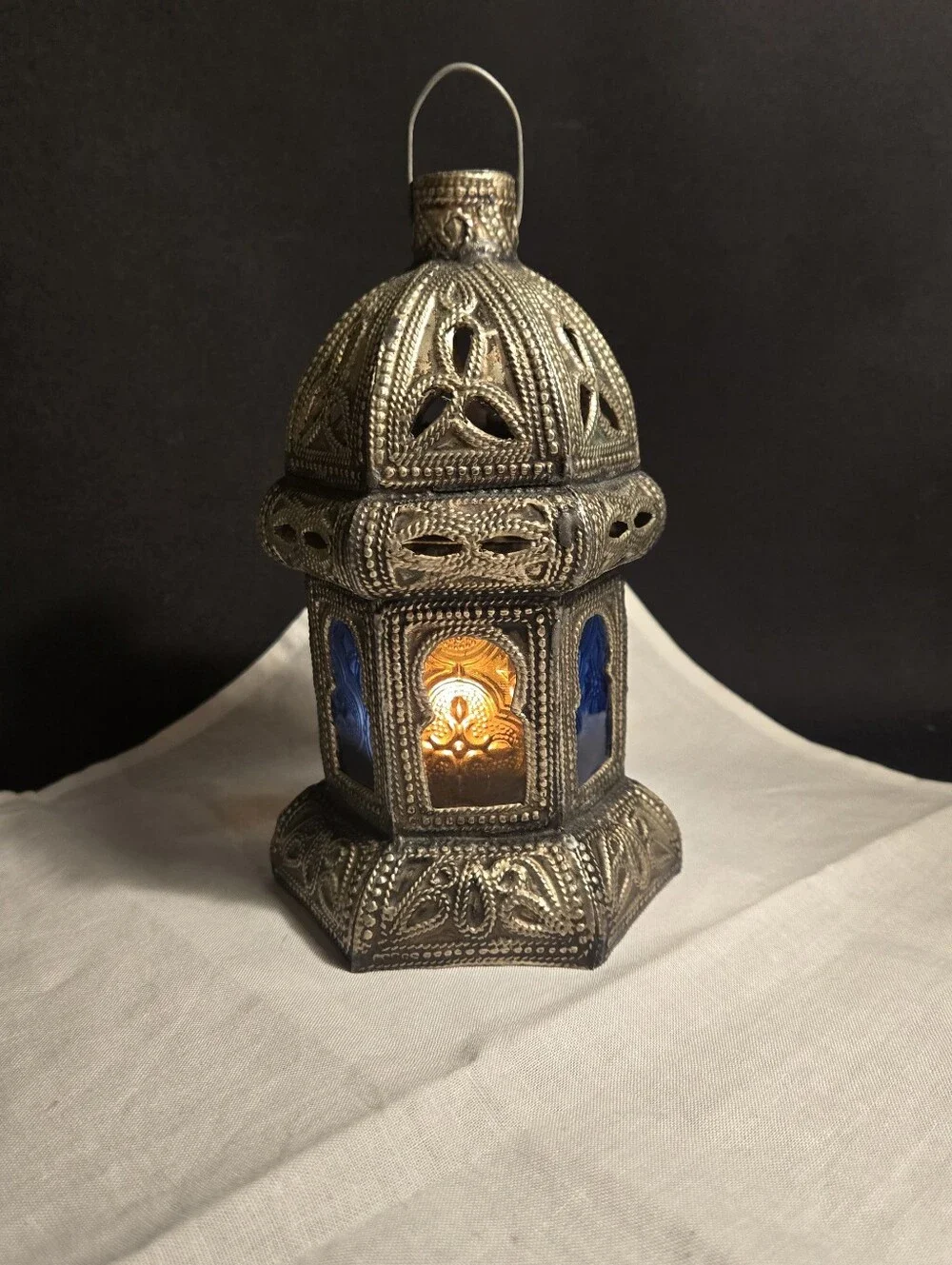 Intricate Silver Metal Moroccan-Style Lantern with Colored Glass